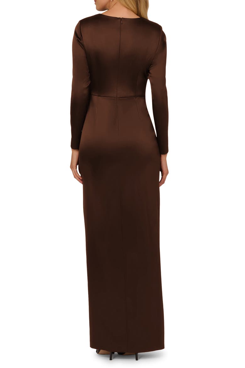 Side Bow Long Sleeve Stretch Satin Gown, Alternate, color, CHOCOLATE