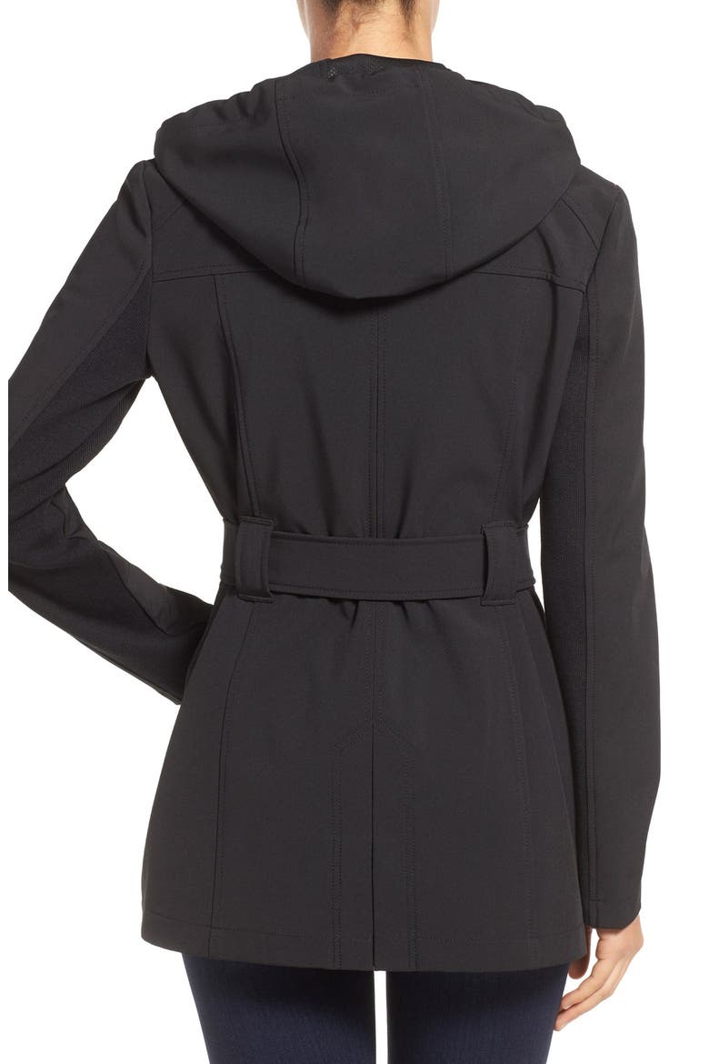 Asymmetrical Zip Belted Soft Shell Coat, Alternate, color, BLACK