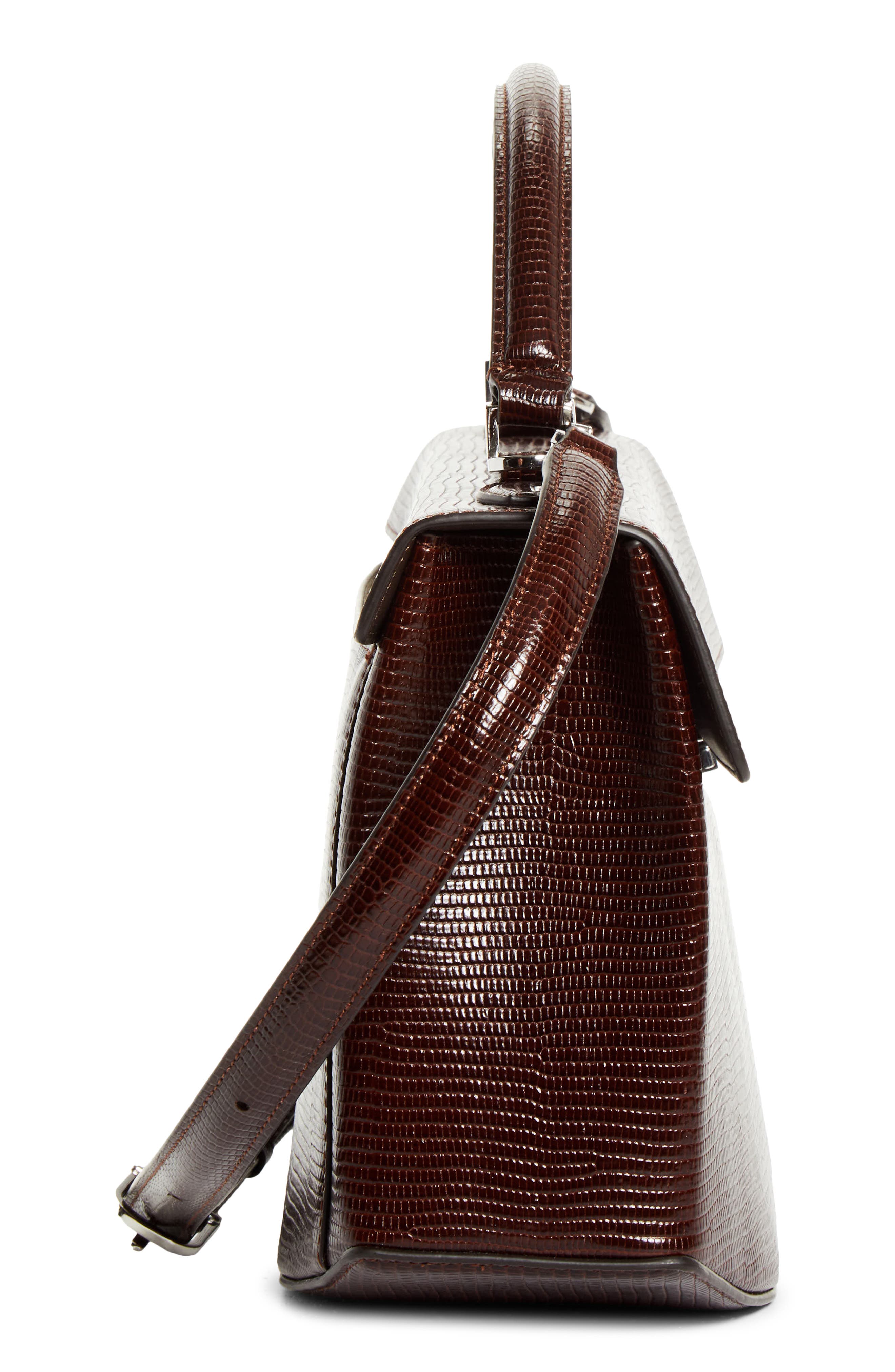 Clip Lizard Embossed Leather Top Handle Bag, Alternate, color, BROWN