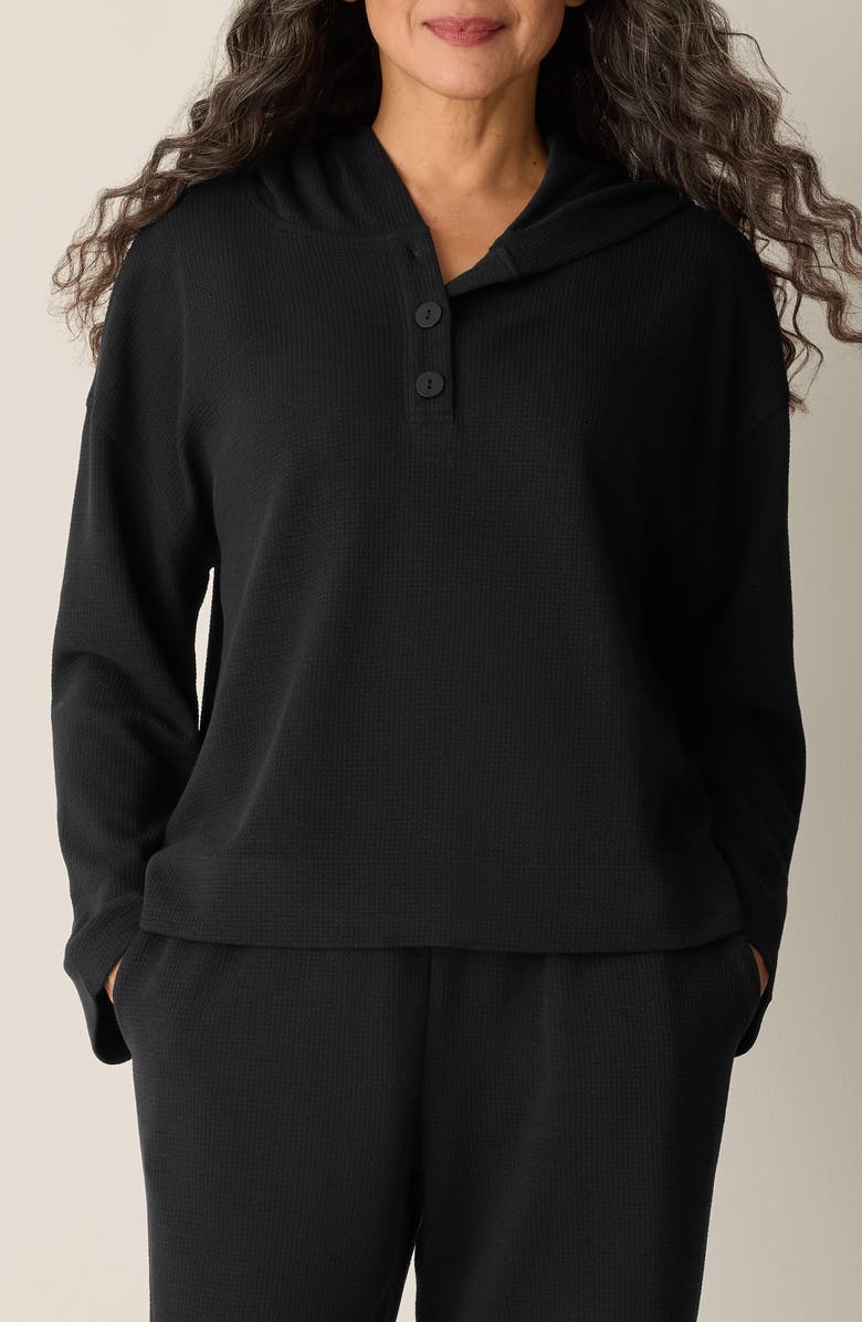 Eileen Fisher Hooded Cotton Blend Thermal Knit Top, Main, color, Black