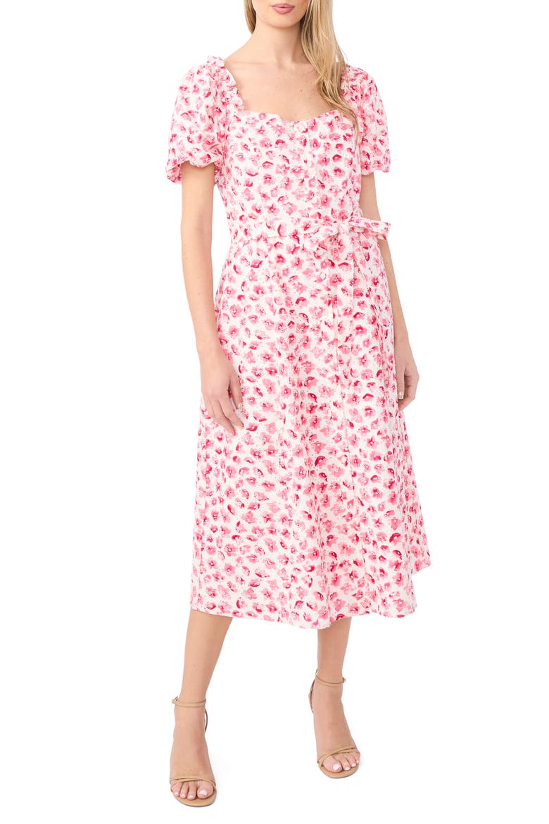 Floral Puff Sleeve Cotton Midi Dress, Main, color, ROSE CERISE