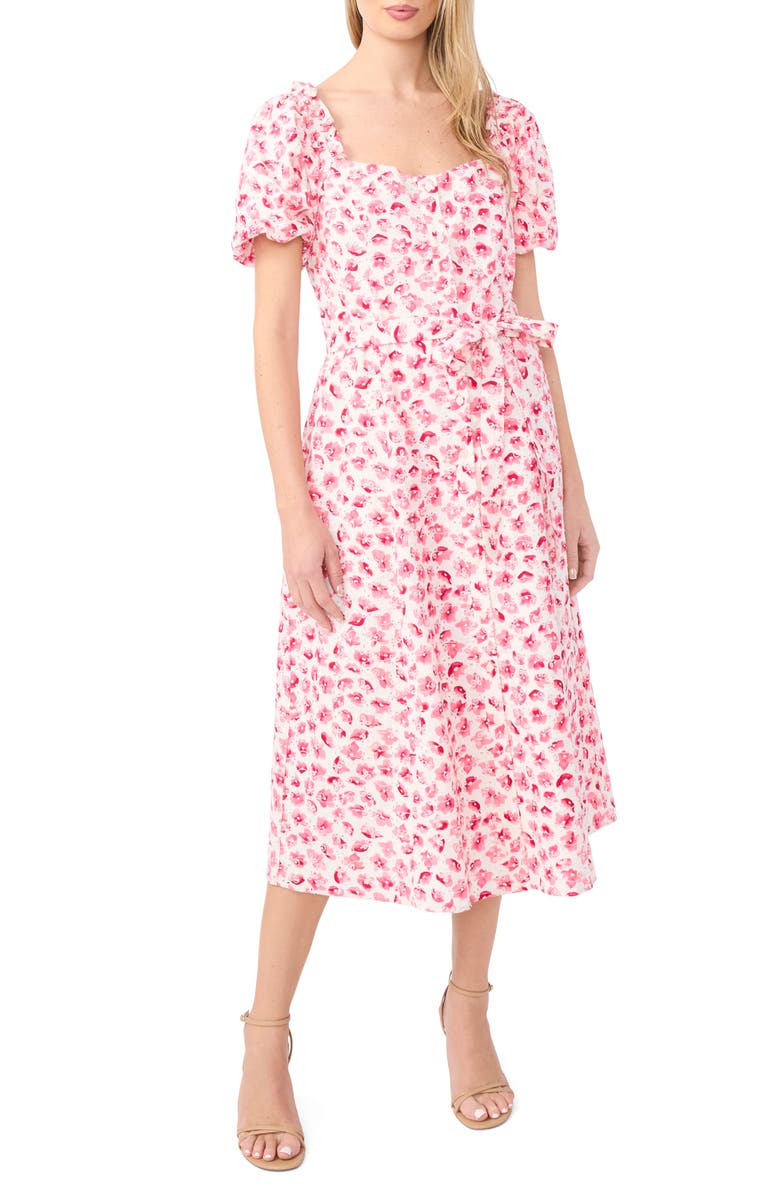 CeCe Floral Puff Sleeve Cotton Midi Dress, Main, color, Rose Cerise