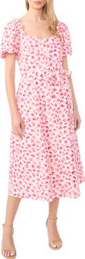 CeCe Floral Puff Sleeve Cotton Midi Dress
