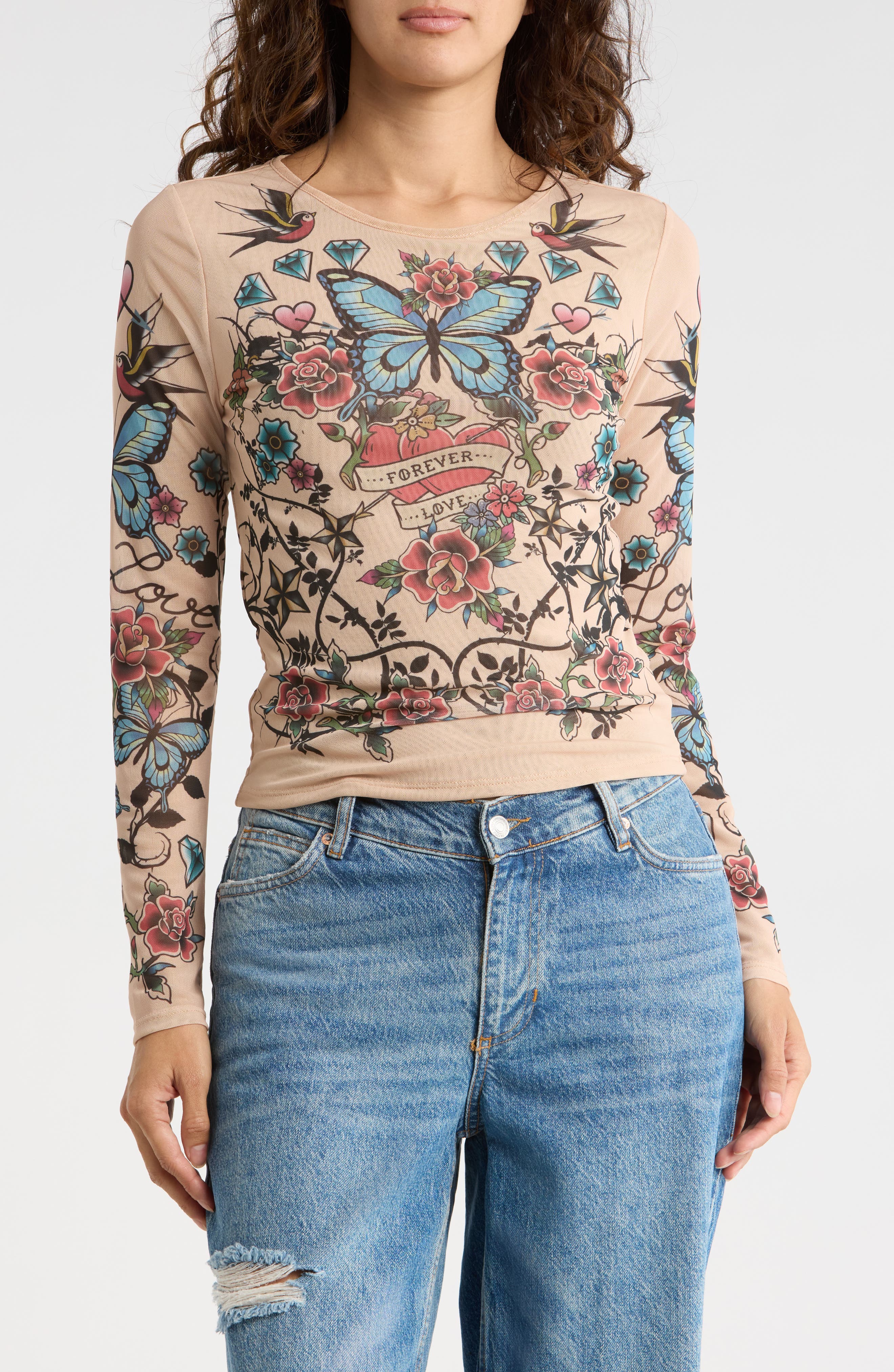 Madden Girl Tattoo Print Mesh Long Sleeve Top