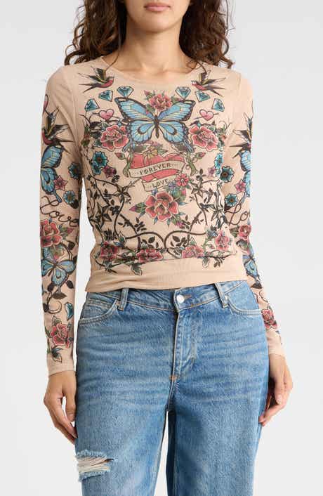 Madden Girl Tattoo Print Mesh Long Sleeve Top