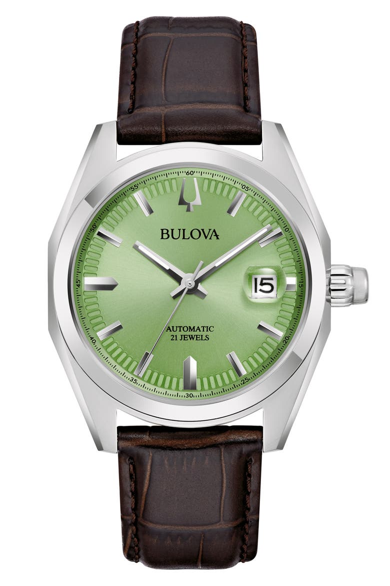 Surveyor Automatic Leather Strap Watch, 39mm, Main, color, SILVER-TONE