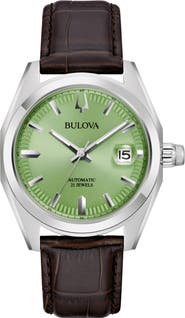 BULOVA Surveyor Automatic Leather Strap Watch, 39mm