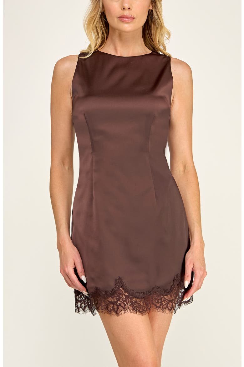 Lace Trimmed Satin Minidress, Alternate, color, BROWN