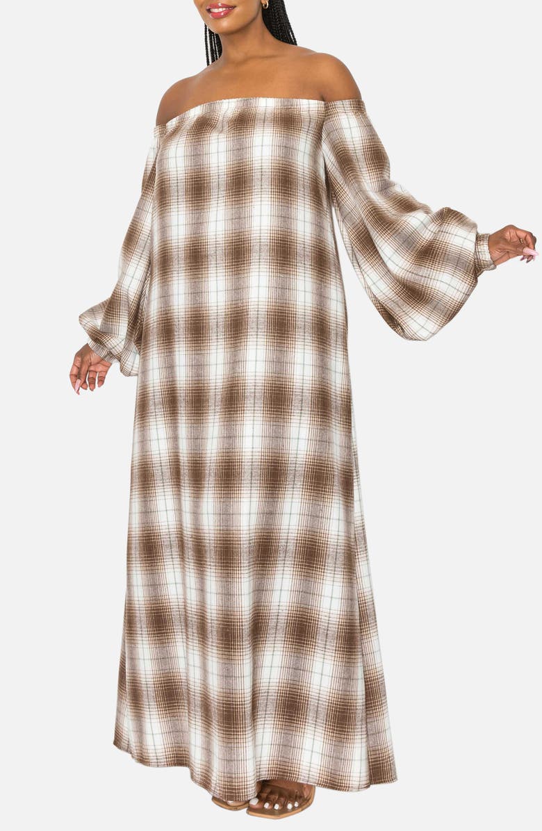 L I V D Zoe Plaid Long Sleeve Off the Shoulder Maxi Dress, Alternate, color,