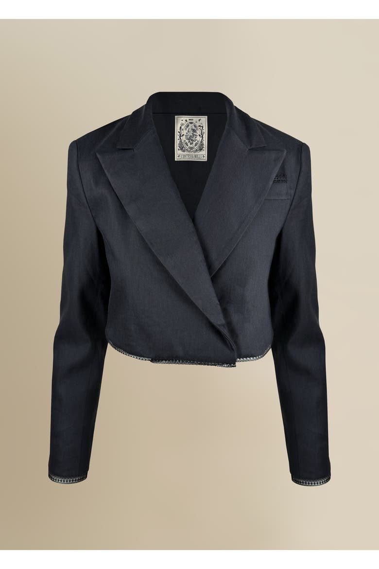 Morgaine Cropped Linen Lace-Trim Blazer, Main, color, Black