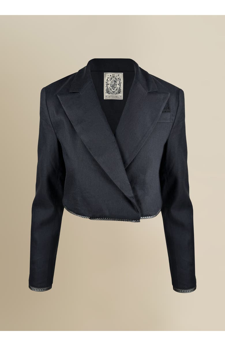 Contessa Mills Morgaine Cropped Linen Lace-Trim Blazer, Main, color, Black