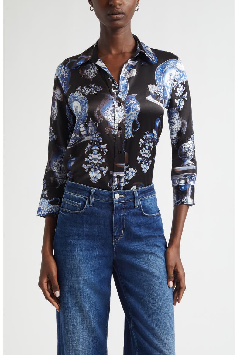 Dani Pottery Print Silk Button-Up Shirt, Main, color, BLACK/ BLUE PORCELAIN PRINT