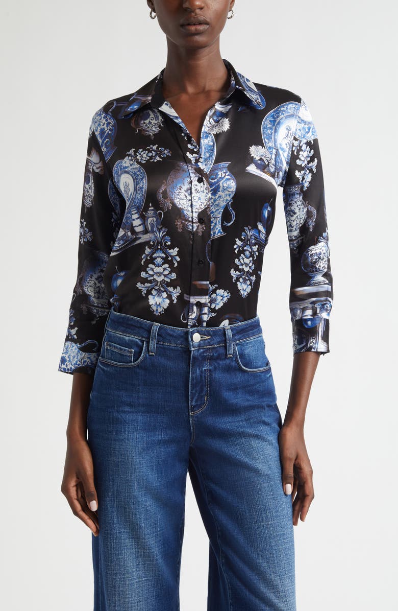 L'AGENCE Dani Pottery Print Silk Button-Up Shirt, Main, color, Black/ Blue Porcelain Print