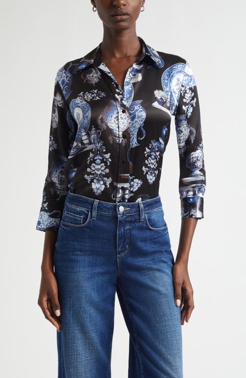 Dani Pottery Print Silk Button-Up Shirt