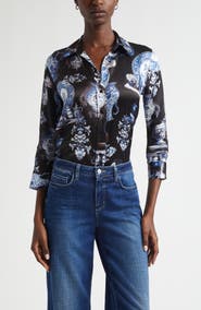 L'AGENCE Dani Pottery Print Silk Button-Up Shirt