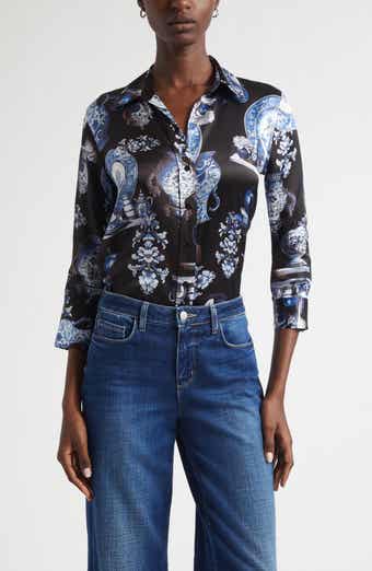 L'AGENCE Dani Pottery Print Silk Button-Up Shirt