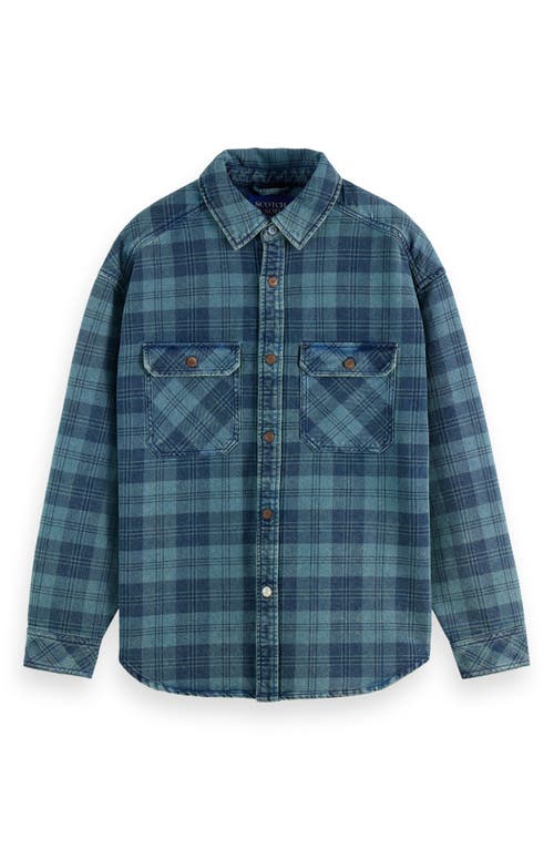 Scotch & Soda Regular Fit Washed Denim Check Shirt Jacket In Green