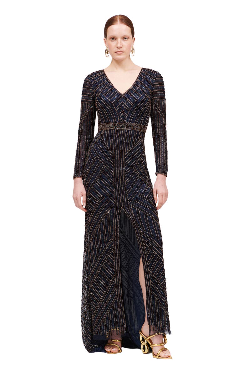 BEAUUT Occasion Embellished Sequin Beaded V Neck With Long Sleeves Evening Maxi Dress, Alternate, color, 