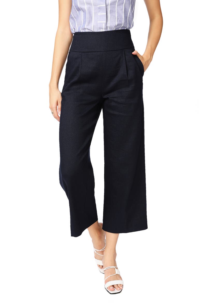 Linen Blend Crop Wide Leg Trousers, Alternate, color, BLUE NIGHT