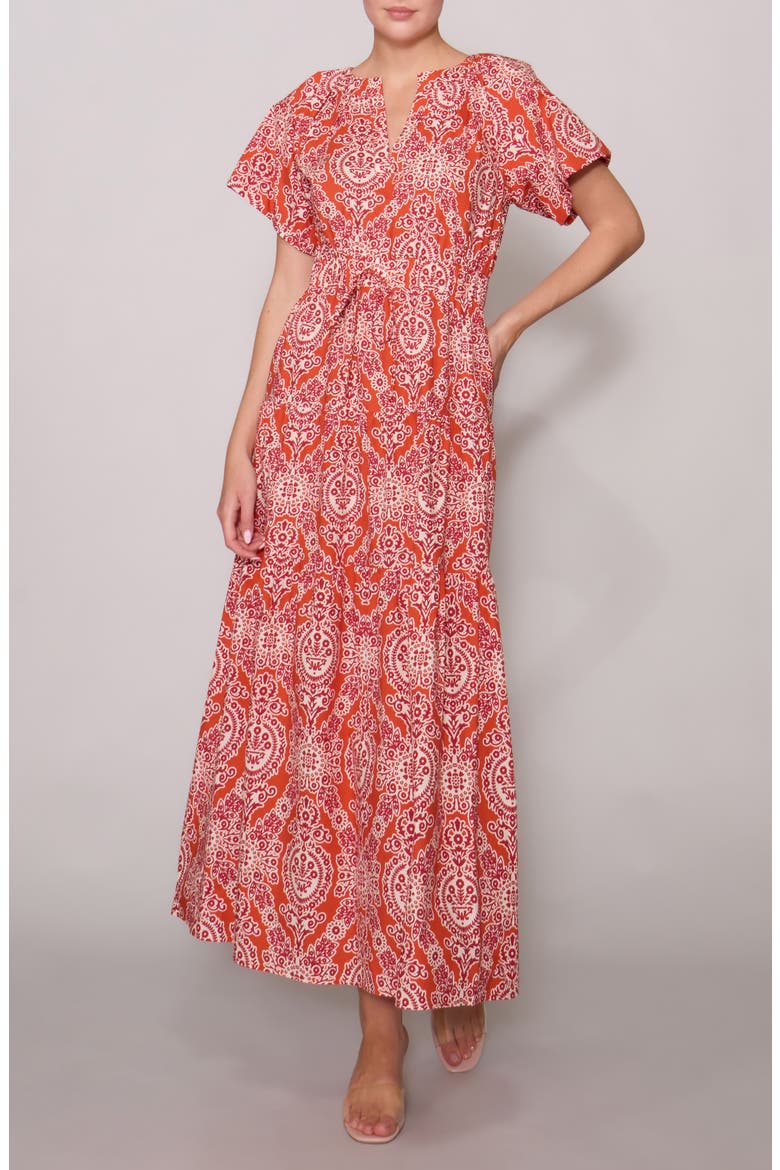 Floral Puff Sleeve Tiered Maxi Dress, Main, color, RUST STONE