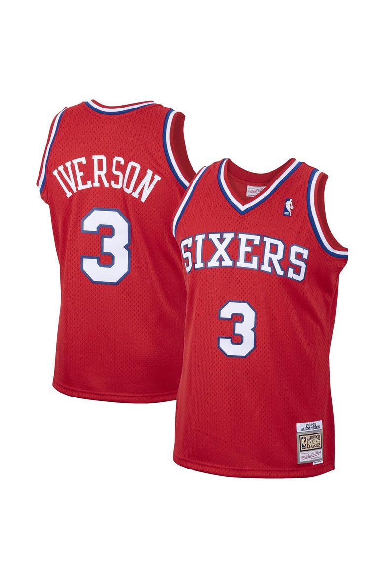Men's Mitchell & Ness Allen Iverson Red Philadelphia 76ers 2001/02 Hardwood Classics Swingman Jersey, Main, color, Red
