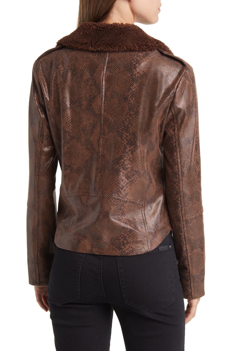 Liana Faux Shearling Collar Faux Snakeskin Moto Jacket, Alternate, color, COCOA POWDER SNAKE