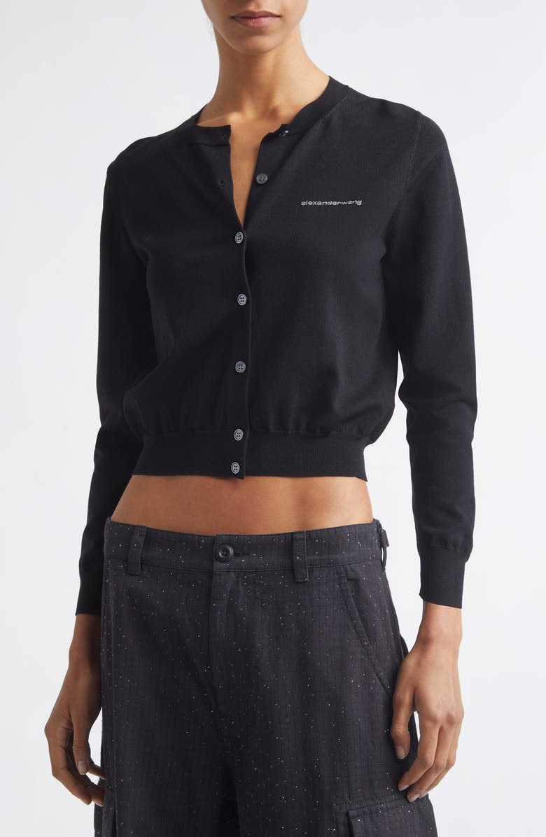 Alexander Wang Hotfix Logo Shrunken Cardigan, Alternate, color, Black