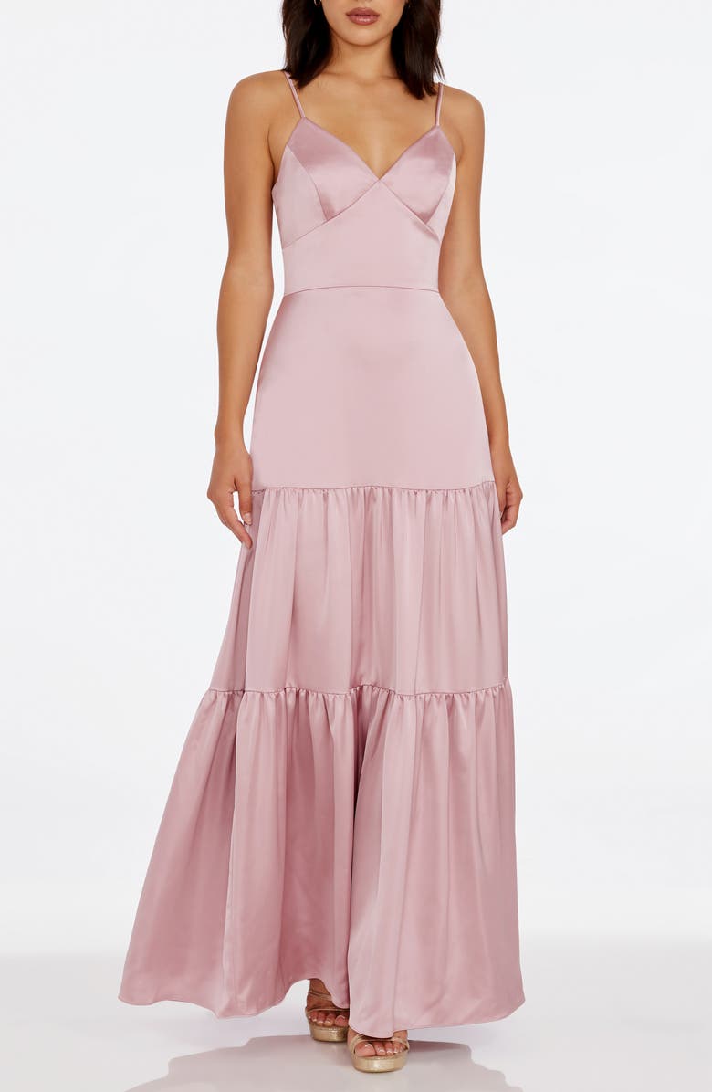 Dress the Population Tess Tiered Satin Gown, Main, color, Rose Canyon