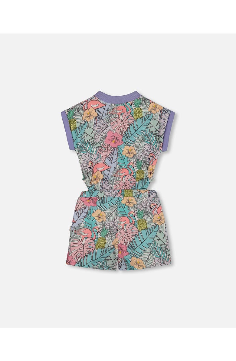 Deux par Deux Little Girl's Printed French Terry Romper Lilac Tropical And Pink Flamingos, Alternate, color, Lilac And Pink Flamingos