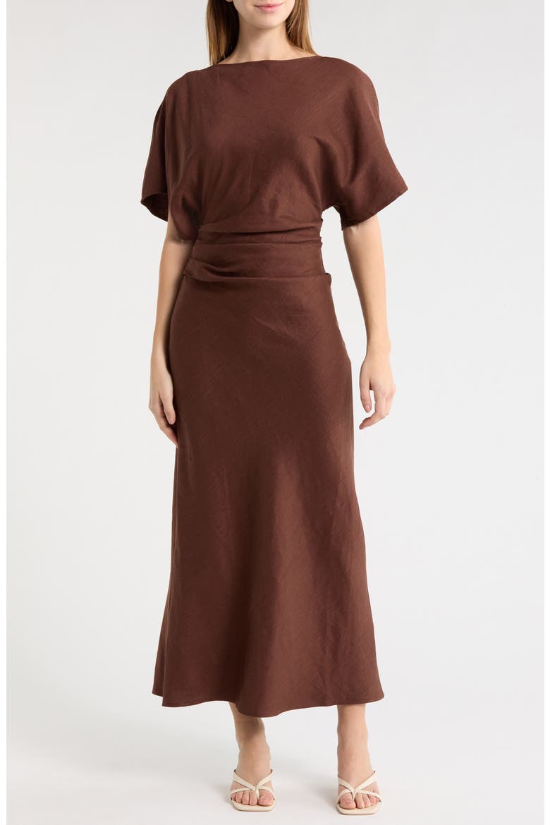 Amelie Ruched Waist Linen Blend Dress, Main, color, DARK OAK
