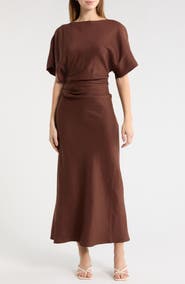 STAUD Amelie Ruched Waist Linen Blend Dress