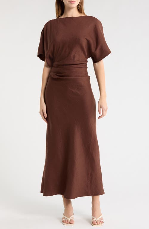 STAUD Amelie Ruched Waist Linen Blend Dress in Dark Oak at Nordstrom, Size X-Small