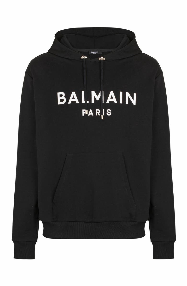 Balmain Printed Balmain Paris Hoodie, Alternate, color, Black