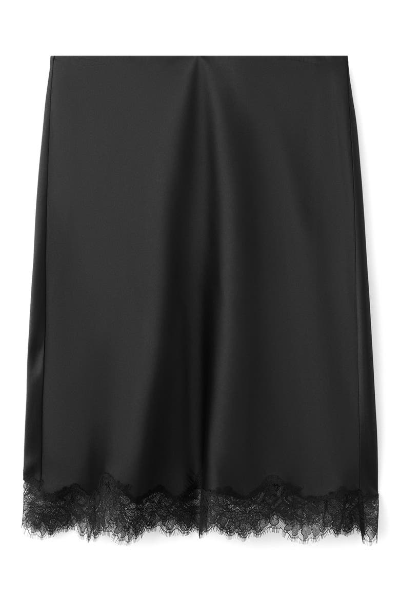 Lace Trim Satin Midi Skirt, Alternate, color, BLACK