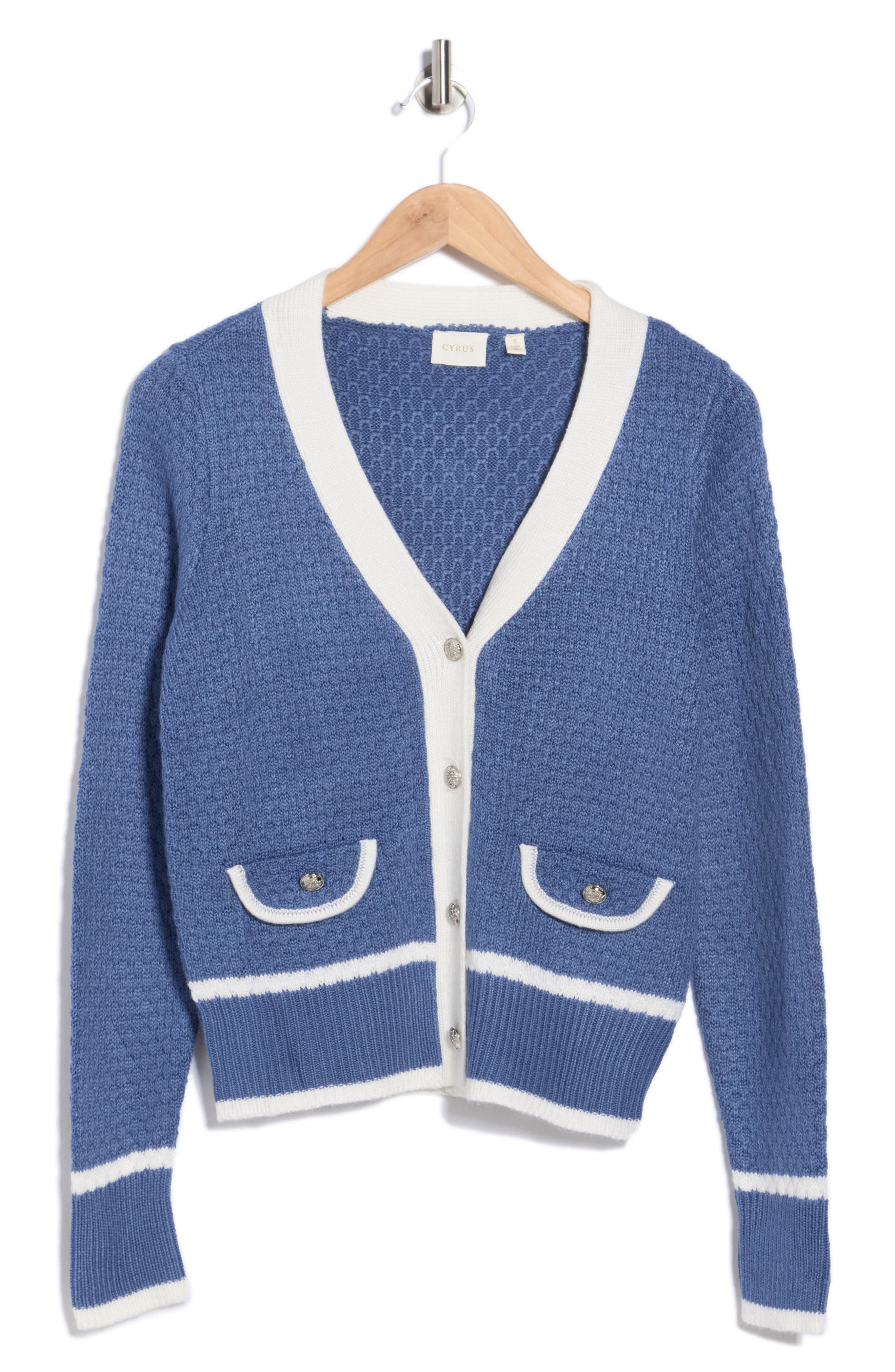 Cyrus Contrast Trim Boyfriend Cardigan In Blue