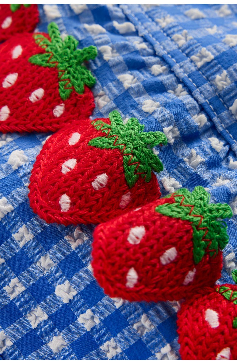 Mini Boden Kids' Strawberry Appliqué Ruffle Seersucker UPF 50+ One-Piece Swimsuit, Alternate, color, Glacier Blue Strawberry