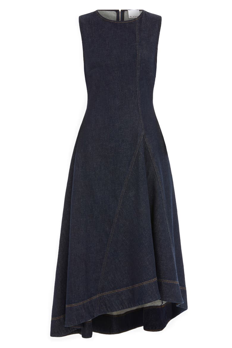 Liberty Asymmetric Sleeveless Stretch Organic Cotton Denim Midi Dress, Alternate, color, INDIGO