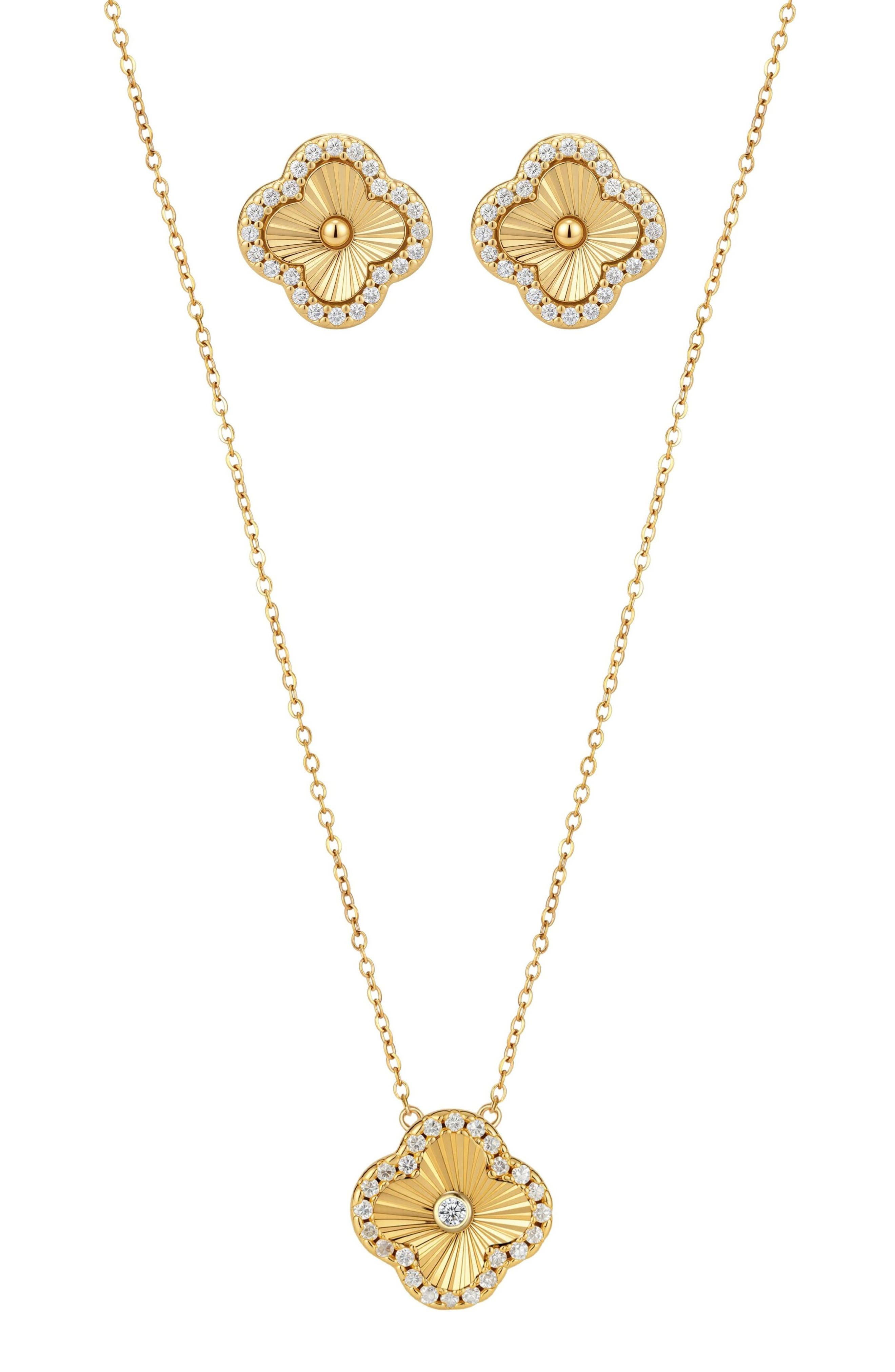 Cubic Zirconia Halo Fluted Pendant Necklace & Earrings Set