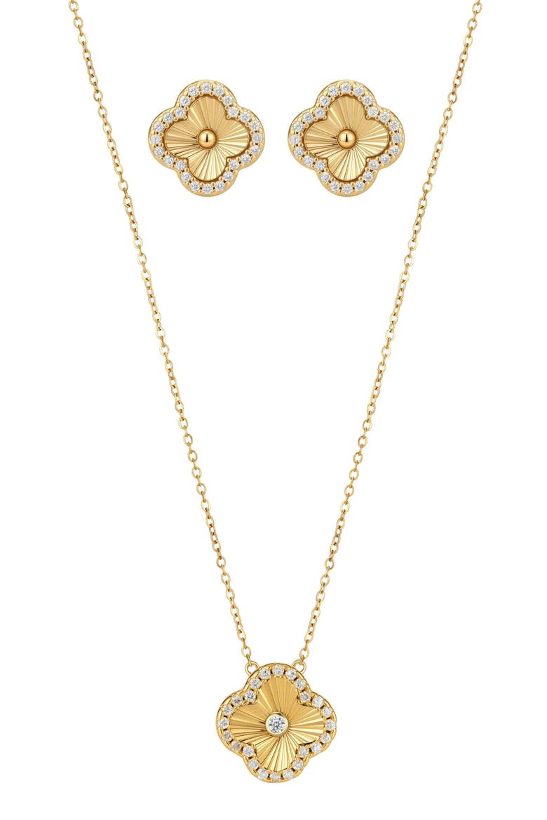 Cubic Zirconia Halo Fluted Pendant Necklace & Earrings Set, Main, color, GOLD