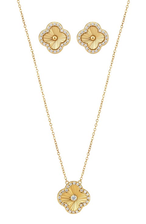 Cubic Zirconia Halo Fluted Pendant Necklace & Earrings Set