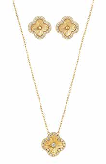 Cubic Zirconia Halo Fluted Pendant Necklace & Earrings Set