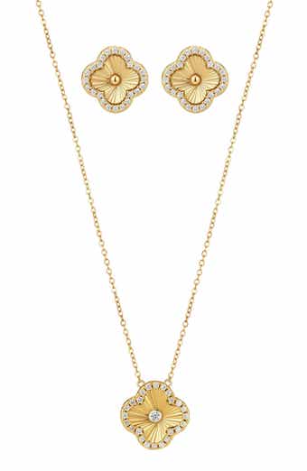 Cubic Zirconia Halo Fluted Pendant Necklace & Earrings Set