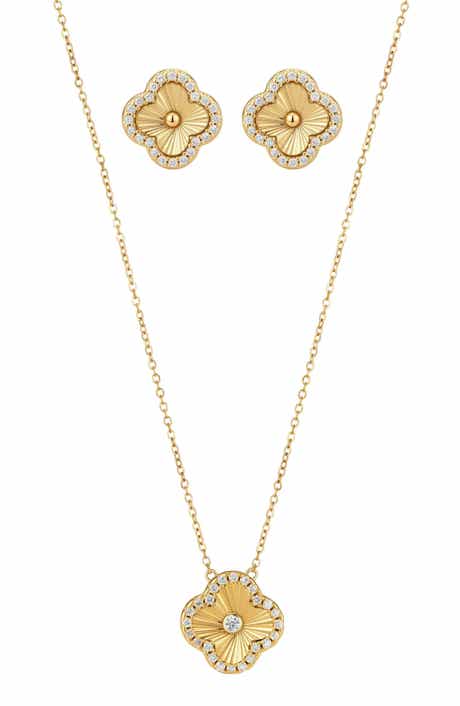 Cubic Zirconia Halo Fluted Pendant Necklace & Earrings Set