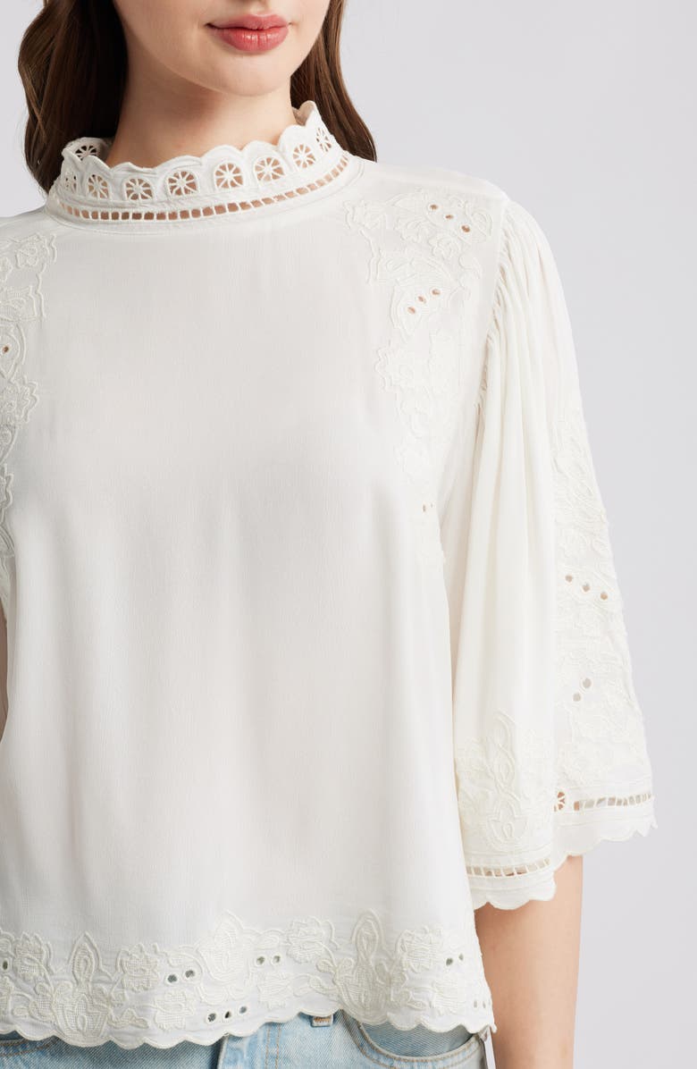 FARM Rio Palm Tree Embroidered Eyelet Mock Neck Top, Alternate, color, Off-White