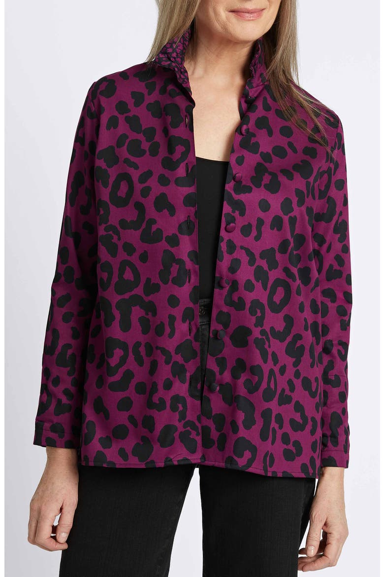 Carolina Animal Print Cotton Sateen Button-Up Shirt, Main, color, PLUM/ BLACK
