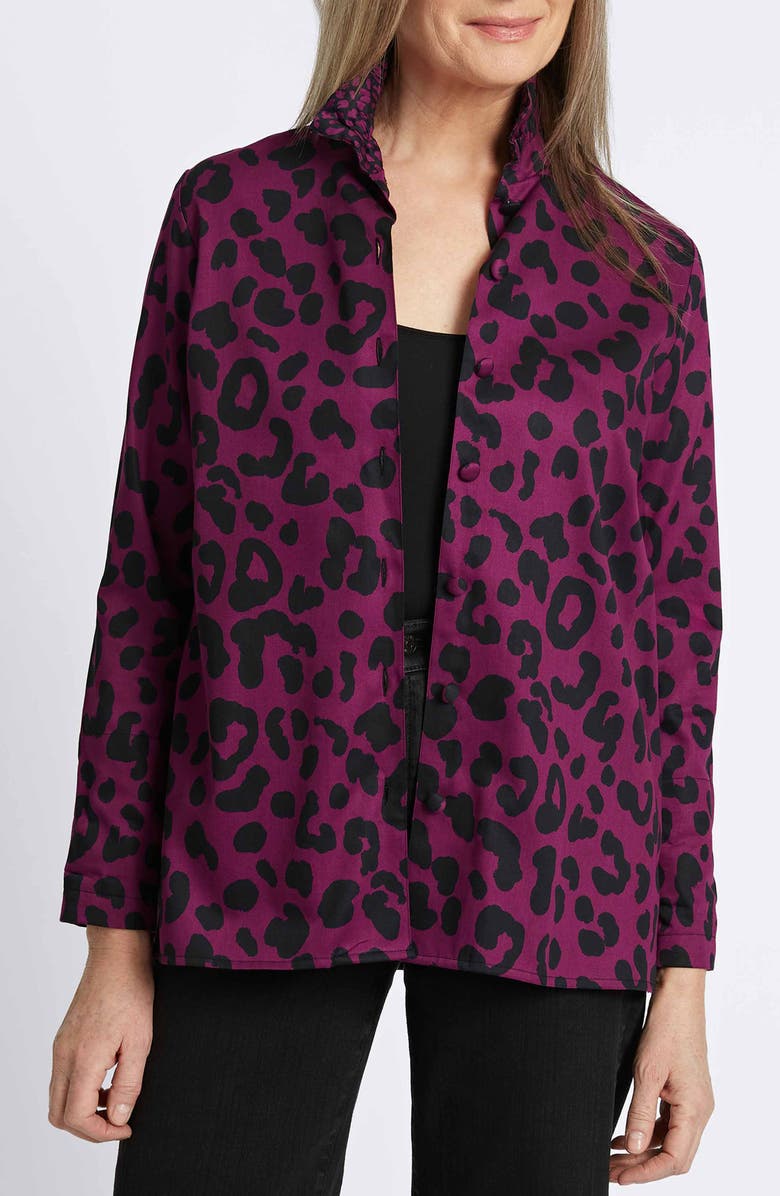 Foxcroft Carolina Animal Print Cotton Sateen Button-Up Shirt, Main, color, Plum/ Black