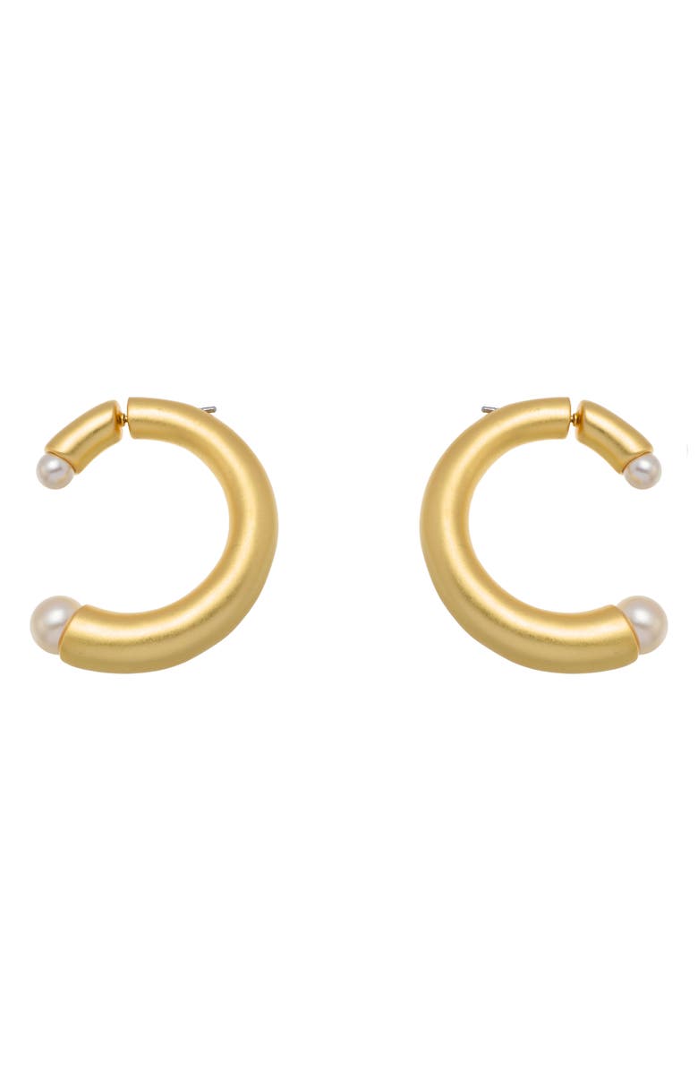 Reiss Anais Curve Faux Pearl Front/Back Hoop Earrings, Alternate, color, Gold Tone / Pearl