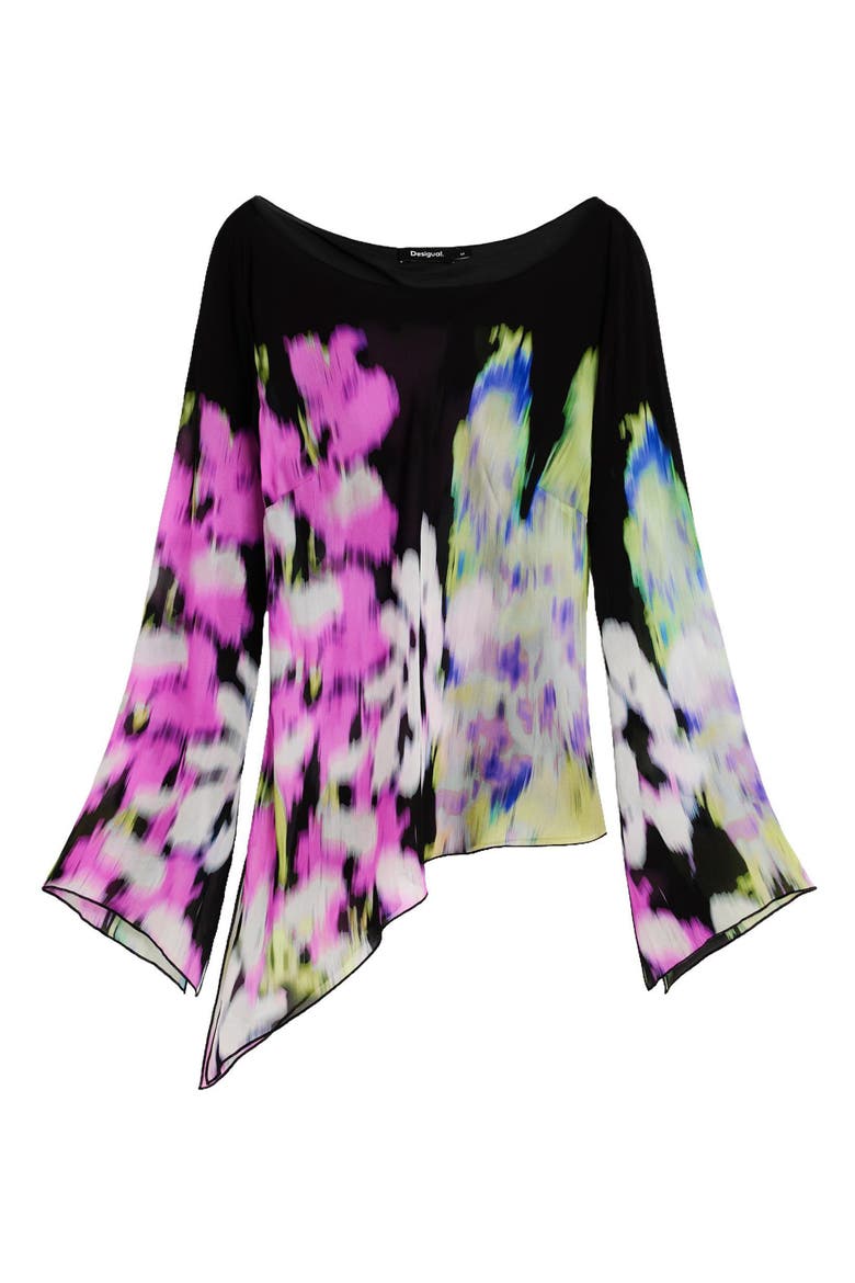 Printed Bell Sleeve Top, Alternate, color, BLACK