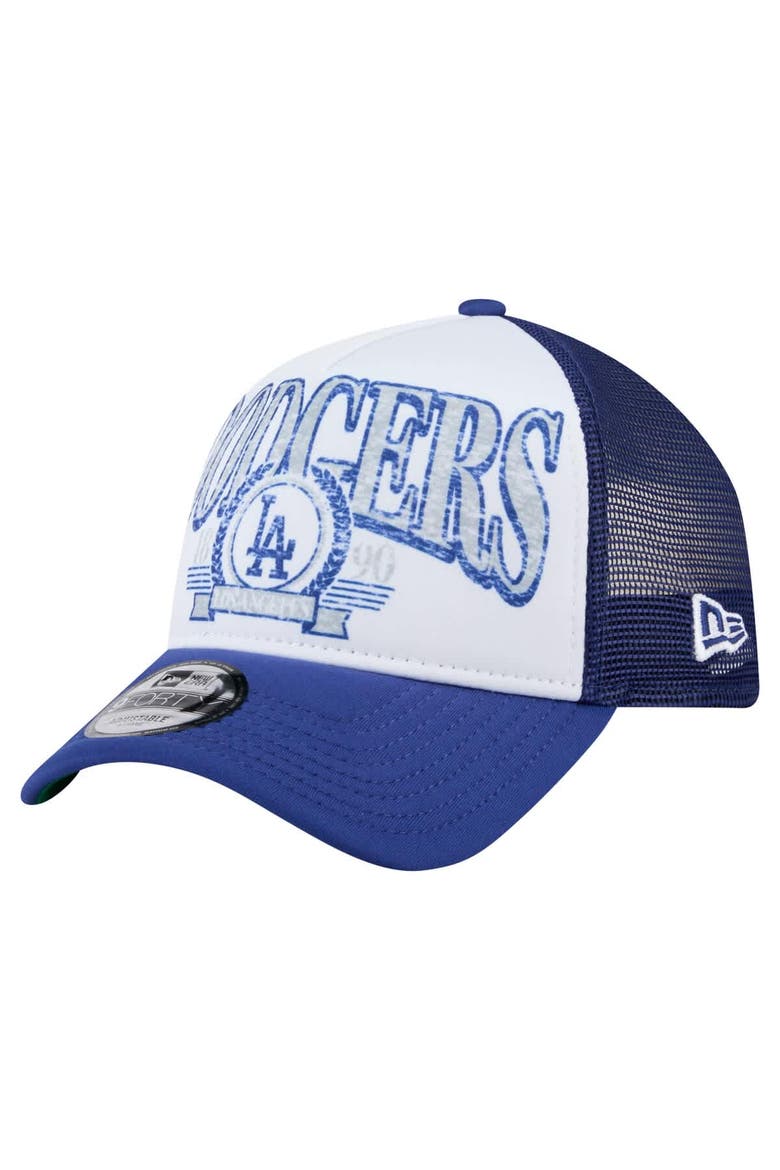 Men's New Era White/Royal Los Angeles Dodgers Trucker A-Frame 9FORTY Adjustable Hat, Main, color, White