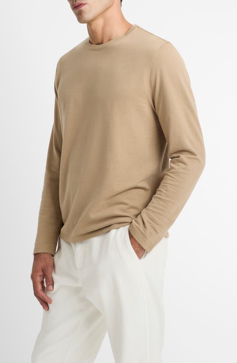 Vince Bird's Eye Stitch Long Sleeve Pima Cotton Crewneck T-Shirt, Alternate, color, British Khaki/ Med Grey